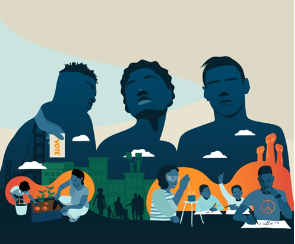 The image is a colorful illustration that juxtaposes silhouetted profiles of individuals against a backdrop of community and activism scenes. The silhouettes appear to be of young African American individuals, with discernible features like hair and facial expressions. Below these profiles are vibrant vignettes of community life, including people gardening, eating together, and engaging in educational activities. One person is depicted holding a peace sign, symbolizing non-violence or protest. The overall aesthetic combines elements of daily life with themes of social action, suggesting a focus on community development and racial justice. The use of bold colors and the silhouette style creates a strong visual narrative about the role individuals play within their communities.