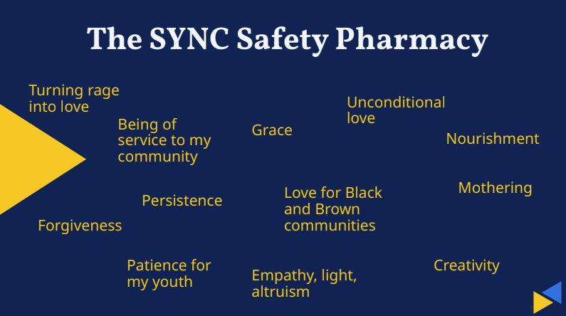 A graphic listing the medicines that sustain community work, including Grace, Creativity, and Persistence