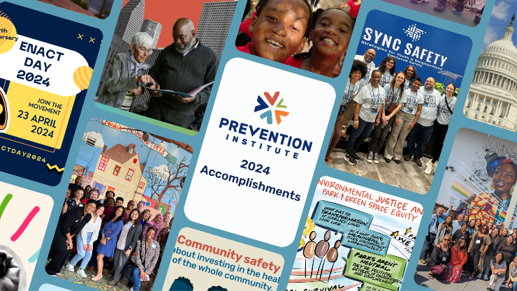 A digital collage-style graphic highlighting the Prevention Institute’s 2024 accomplishments. The central panel features the Prevention Institute logo with the text '2024 Accomplishments.' Surrounding this panel are various images and graphics showcasing different initiatives and events, including a group of people wearing 'SYNC Safety' shirts, a diverse group of people posing in front of a colorful mural, an 'ENACT Day 2024' promotional poster, an environmental justice-themed illustration, a community safety quote, and a photo of children smiling. The collage is arranged with a blue-green background and rounded image frames, creating a dynamic and engaging visual summary of the organization's work.