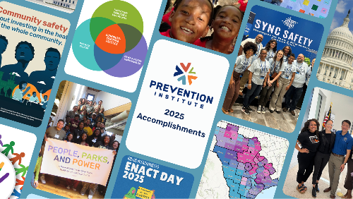 Collage highlighting Prevention Institute’s 2025 accomplishments, featuring staff, community partners, youth, events, and impact graphics.