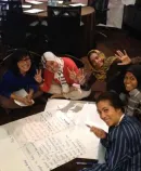 a group of six women around a large piece of paper with handwritten notes
