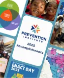 Collage of Prevention Institute 2025 accomplishments featuring community events, maps, advocacy campaigns, and group photos of partners and staff