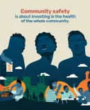 a graphic about Community Safety with people gardening, studying, and voting