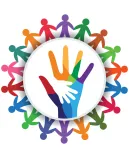 a large, multicolored hand with a smaller white hand centered within it, symbolizing unity and support