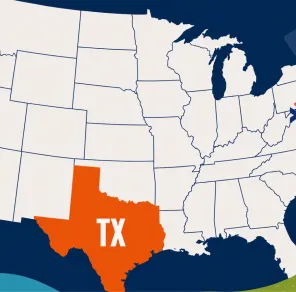 U.S. map highlighting California, Texas, and federal policy efforts, representing state and national advocacy work.