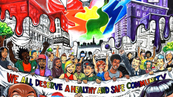 A vibrant illustrated crowd of people standing together in a city setting, surrounded by bold colors and expressive symbols.