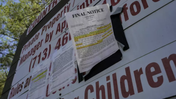 A "FINAL NOTICE" eviction letter, highlighted in yellow, is posted on a large sign that reads "Private Property" with a contact phone number in bold red text. Several other official notices are also stapled to the sign. The background shows green tree branches under daylight.