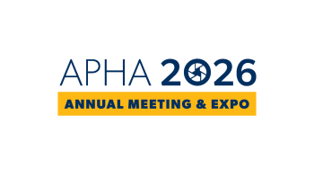 APHA 2026 Annual Meeting & Expo logo in blue and gold, featuring a camera aperture design within the zero.