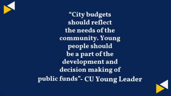 Graphic with quote from a CU Young Leader about including young people in city budget and public funding decisions.