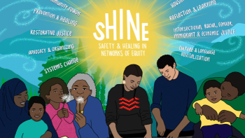Illustration of diverse community members gathered under SHINE initiative, highlighting healing, equity, culture, and systems change themes