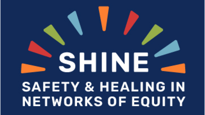 SHINE Safety & Healing in Networks of Equity logo with colorful rays surrounding white text on a dark blue background.