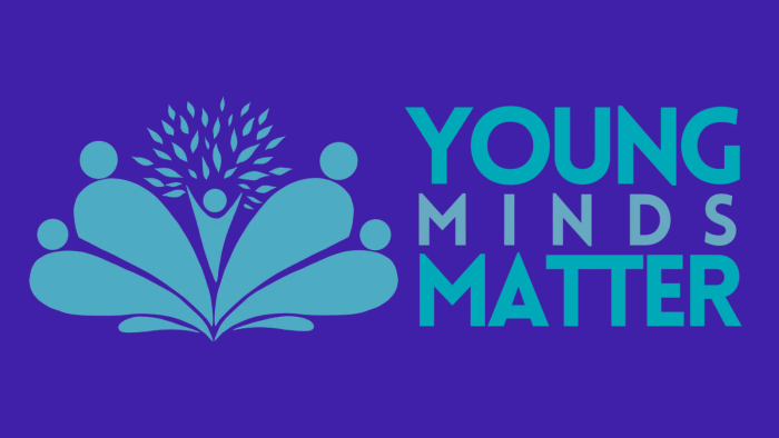 Young Minds Matter logo with stylized figures and tree above an open book on a purple background.