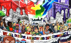 A vibrant illustrated crowd of people standing together in a city setting, surrounded by bold colors and expressive symbols.